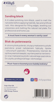 Tył opakowania KillyS 4-stronnego bloku do polerowania paznokci, z tekstem i kodem kreskowym.