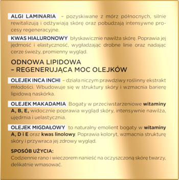 Szczegółowa etykieta kremu-serum 40+ z listą składników: Algi Laminaria, kwas hialuronowy i olejki.