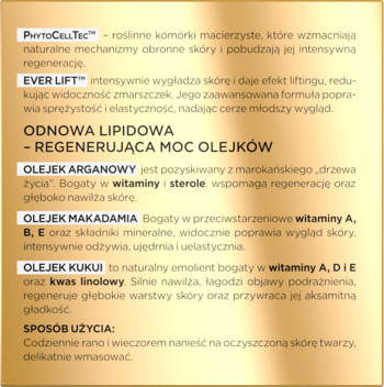 Etykieta kremu-serum 50+ z opisem składników (olejki arganowy, makadamia, kukui) i sposobu użycia.