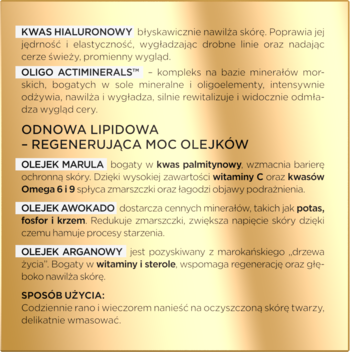 Panel informacyjny kremu-serum 60+ z opisem składników: kwas hialuronowy, olejki marula, awokado, arganowy.