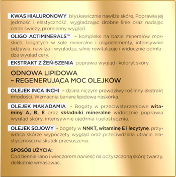 Panel informacyjny o składnikach aktywnych (kwas hialuronowy, olejek sojowy) kremu-serum 70+ na złotym tle.