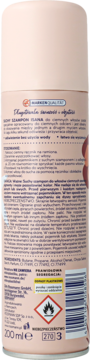 Tył różowej butelki suchego szamponu Isana do włosów ciemnych 200 ml, z etykietą i ostrzeżeniami.