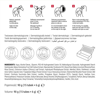 Tylna strona opakowania serum Seboradin FitoCell: 4 etapy użycia, pełny skład INCI, informacje o testach.