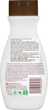 Tył białej butelki balsamu Palmer's Coconut Oil Formula z olejkiem kokosowym, widoczne szczegóły składu INCI.