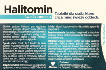 Biało-niebieskie opakowanie suplementu Halitomin na świeży oddech, z napisem "ŚWIEŻY ODDECH", widok z przodu.