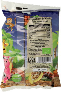 Tył opakowania Bio herbatników pszennych Ania Jungle, z tabelą odżywczą, wagą 100g i logiem eko. Design z małpką w dżungli.