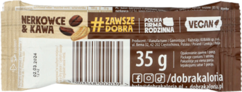 Tył brązowo-białego opakowania batona Dobra Kaloria Nerkowce & Kawa, 35g. Widać kod kreskowy i VEGAN.