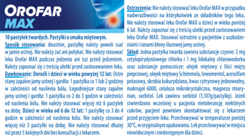 Niebiesko-białe opakowanie Orofar Max pastylki miętowe na gardło, z grafiką chorego gardła, widok z przodu.