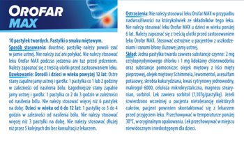Fragment ulotki/opakowania Orofar Max na ból gardła. Niebieskie tło, widoczny tekst, grafika gardła.