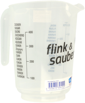 Przezroczysty pojemnik z miarką Flink&Sauber 0,5L, z podziałką do cukru i mąki, widok frontalny.