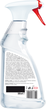 Tył przezroczystej butelki Clin 500ml, płyn do szyb. Widoczna biała etykieta ze składem i kodem kreskowym.