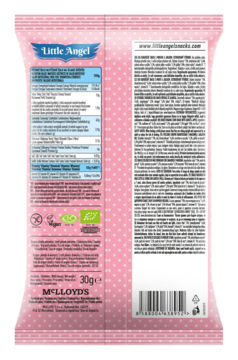 Tył różowego opakowania Little Angel BIO Pieczone Chrupki Kukurydziane z marchewką i jabłkiem, 30g.