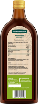 Tył butelki BIO soku z malin Premium Rosa, ciemnobrązowa z etykietą pokazującą skład i kod kreskowy.