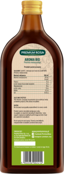 Tył szklanej butelki soku aroniowego PREMIUM ROSA Aronia BIO, widoczne informacje odżywcze i skład.