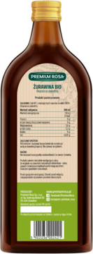 Tył brązowej butelki soku żurawinowego Premium Rosa Bio z złotą nakrętką, widoczna etykieta i kod.