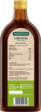 Tył butelki soku Premium Rosa Czarny Bez BIO. Etykieta z danymi odżywczymi, producenta i kodem kreskowym.