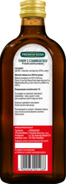 Tył szklanej butelki syropu z czarnego bzu Premium Rosa, z białą etykietą, danymi odżywczymi i kodem kreskowym.
