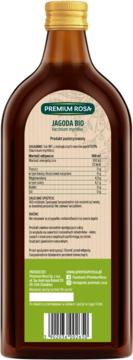 Tył brązowej butelki soku Jagoda Bio Premium Rosa, etykieta z tabelą wartości odżywczych i kodem kreskowym.