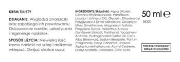 Tył opakowania odżywczego kremu przeciwzmarszczkowego 50 ml, widoczny opis działania i składniki.
