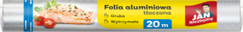Srebrna folia aluminiowa Jan Niezbędny, 20 m, z żółtą etykietą i obrazkiem łososia, gruba i wytrzymała.