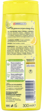 Tył żółtego żelu pod prysznic Isana Cytryna i Limonka 300 ml z widocznym składem i logo.