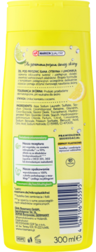Tył żółtej butelki Isana Żel pod prysznic Cytryna i Limonka 300ml z opisem, składem i info o recyklingu.