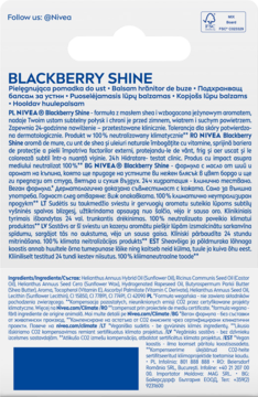 Nivea Blackberry Shine pielęgnująca pomadka do ust w białej tubce, z widocznym fioletowym sztyftem, widok z przodu.