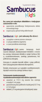 Suplement diety Sambucus Kids, etykieta produktu opisująca wsparcie odporności, dróg oddechowych oraz skład syropu.