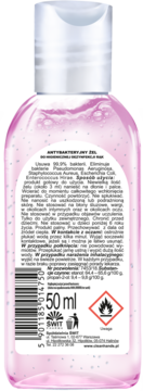 Tył różowego żelu antybakteryjnego 50 ml, z tekstem o składzie, użyciu, kodem kreskowym i ostrzeżeniami.