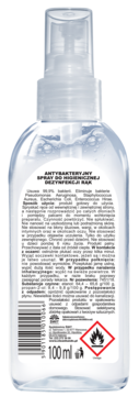 Antybakteryjny spray do rąk 100ml, przezroczysta butelka, tył opakowania z etykietą i symbolem ostrzegawczym.