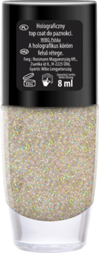 Holograficzny top coat do paznokci z opalizującymi drobinkami w przezroczystej butelce, widok z przodu.