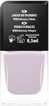 Wibo lakier do paznokci 8,5ml, pastelowy liliowy odcień, widoczny przód butelki z czarną nakrętką.