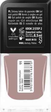 Dwuczęściowy widok tyłu opakowania: czarna etykieta z opisem żelowego lakieru Wibo 8,5ml i beżowy lakier nr 11.