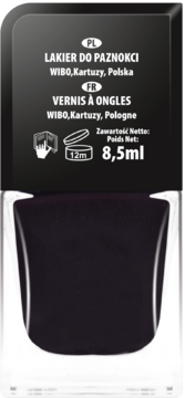 Ciemny lakier do paznokci WIBO 8,5ml w szklanej butelce z czarną nakrętką, widok z przodu.