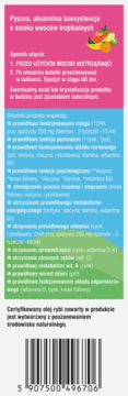 Tył opakowania Multi Omega 3 Junior o smaku tropikalnym, z instrukcjami i listą korzyści zdrowotnych.
