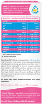 Multi Omega 3 Junior, tył opakowania suplementu diety EmulOil, różowo-biała etykieta z tabelą składników.