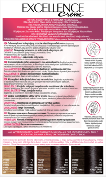 Biały panel informacyjny farby L'Oréal Excellence Crème, detale rytuału koloryzacji i próbki koloru włosów.