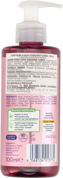 Tył butelki mydła w płynie KANGAROO FLOWER 300 ml, różowy płyn, etykieta ze składem i symbolami eko.