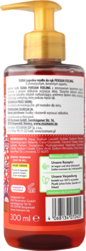 Tył przezroczystej butelki mydła w płynie ISANA Persian Feeling 300ml z pompką. Czerwony płyn, pH neutralne.