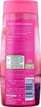 Tył różowego żelu pod prysznic DUSCHGEL PINK PARADISE, z listą składników i informacjami o recyklingu, 300 ml.