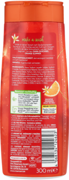 Tył butelki żelu pod prysznic 'make a wish Orange Glimmer' 300ml, z opisem składników i kodem kreskowym.