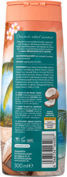Tył butelki żelu pod prysznic ISANA Coco Lagoon 300ml, z listą składników, kodem kreskowym i tropikalnym motywem.