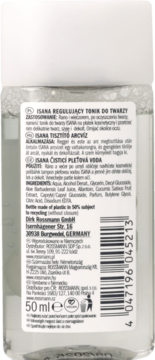 Tył butelki Isana Regulujący Tonik do Twarzy 50ml z aloesem i ogórkiem, widoczne składniki.