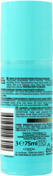 Tył turkusowego sprayu L'Oréal Magic Retouch 75ml do retuszu odrostów, z widocznym kodem i opisami.