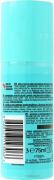 Tył turkusowego sprayu L'Oreal do błyskawicznego retuszu odrostów, z kodem kreskowym i instrukcjami 75ml.