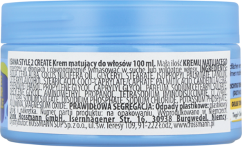 Tył niebieskiego kremu matującego do włosów Isana Style2 Create 100 ml, widoczny szczegółowy opis składników.