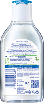 NIVEA odświeżający płyn micelarny 400ml, tył przezroczystej butelki z etykietą i składem.