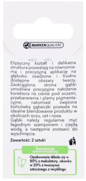 Tył opakowania 2 antybakteryjnych mini gąbek do korektora. Tekst PL o precyzji, kształcie i recyklingu.