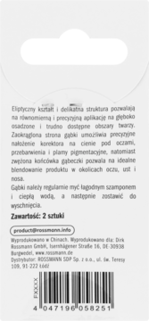 Tył białego opakowania antybakteryjnych gąbek do korektora, z polskim opisem i kodem kreskowym.
