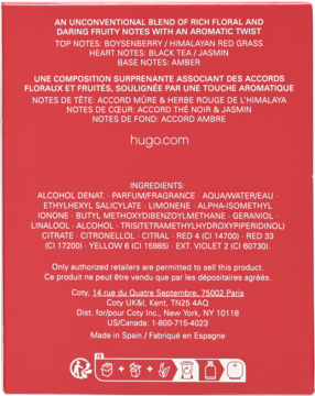 Tył czerwonego opakowania perfum Hugo Boss Woman, z detalami o nutach zapachowych i składnikach.